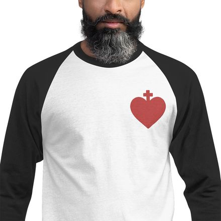 Embroidered Unisex 3/4 Sleeve Raglan Shirt, Sacred Heart of Jesus, zhw6bo design, left chest