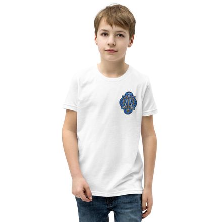 Embroidered Youth Staple Tee, Auspice Maria, Crest with rounded Cross, u3bkt0, left chest