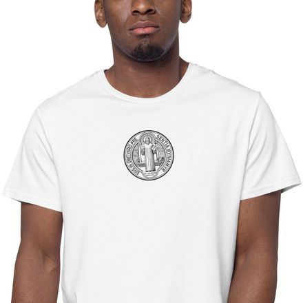 Embroidered Men&#x27;s Premium Cotton T-Shirt, St. Benedict Medal, debxwe design