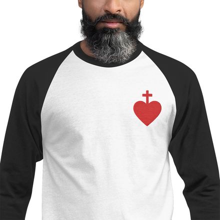 Embroidered Unisex 3/4 Sleeve Raglan Shirt, Sacred Heart of Jesus, 7ugqf9 design, left chest