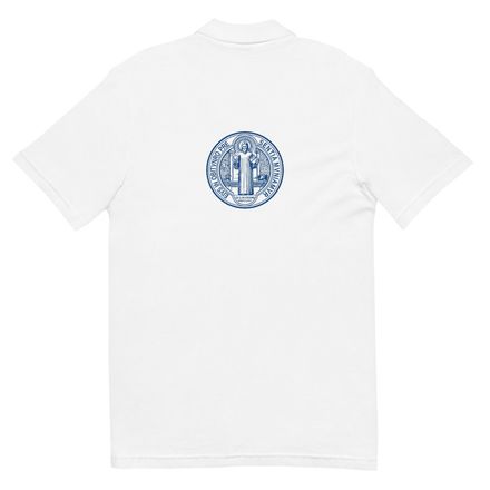 Unisex Pique Polo Shirt, St. Benedict Medal, filt5a design, blue, reversed, with back image