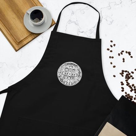 Embroidered Apron, St. Benedict Medal, 4ouume design, white