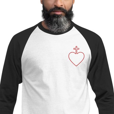 Embroidered Unisex 3/4 Sleeve Raglan Shirt, Sacred Heart of Jesus, 7ugqf9 hollow design, left chest