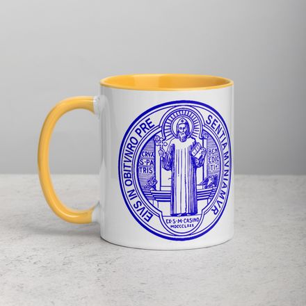 White Ceramic Mug with Color Inside, 11oz &amp; 15oz, St. Benedict Medal, filt5a design, blue