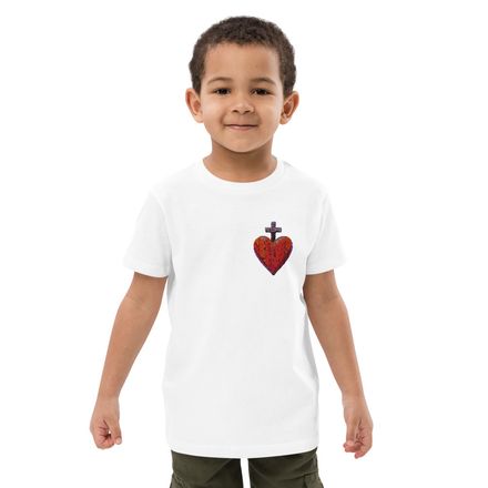 Embroidered Organic Cotton Kids T-Shirt, Sacred Heart of Jesus, 9i93k9 design, left chest
