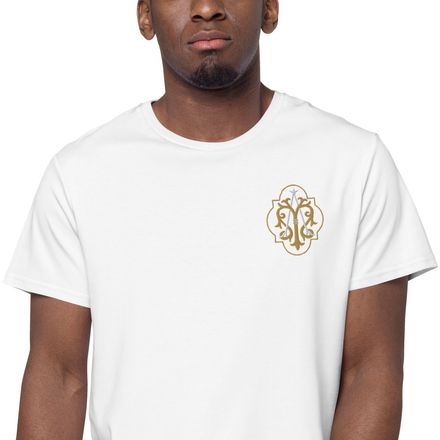Embroidered Men&#x27;s Premium Cotton T-Shirt, Auspice Maria, Crest with outer edge, kdegvj, left chest
