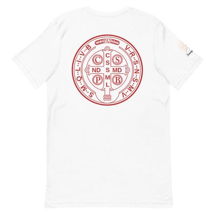 Unisex Staple T-Shirt, St. Benedict Medal, filt5a design, red, large back print