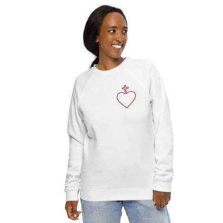 Embroidered Unisex Organic Raglan Sweatshirt, Sacred Heart of Jesus, 7ugqf9 hollow, left chest