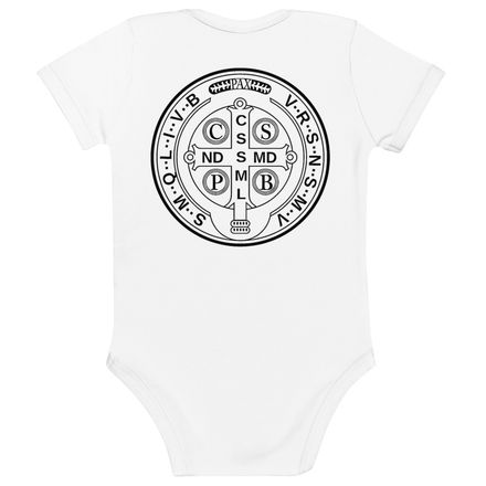 Organic Cotton Baby Bodysuit, St. Benedict Medal, 16k4ku design, back print