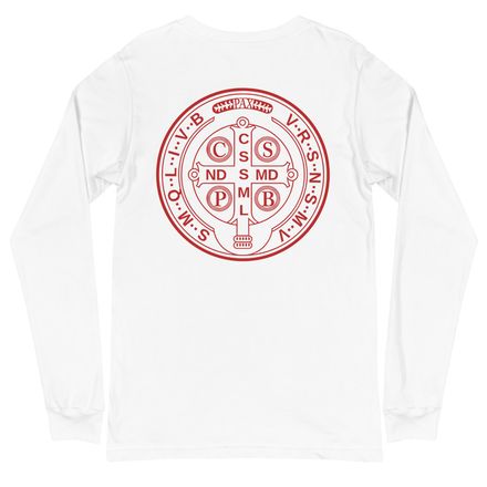 Unisex Long Sleeve Tee, St. Benedict Medal, filt5a design, red, left chest, large back