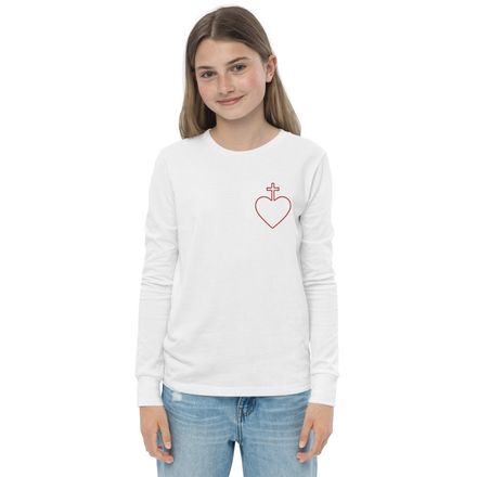 Embroidered Youth Long Sleeve Tee, Sacred Heart of Jesus, 7ugqf9 hollow design, left chest