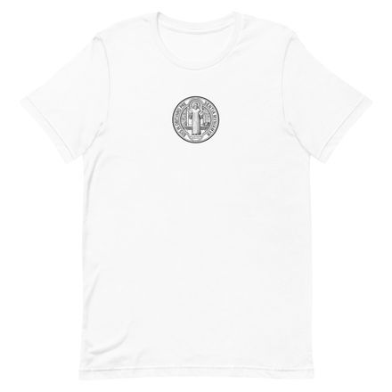 Embroidered Unisex Staple T-Shirt, St. Benedict Medal, debxwe design, front centre chest