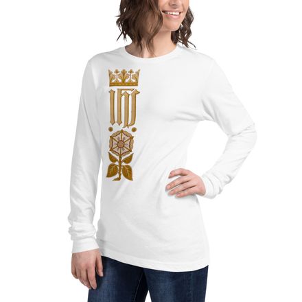 Unisex Long Sleeve Tee, IHS Stripe With Crown and Monstrance, vw6yal, right chest