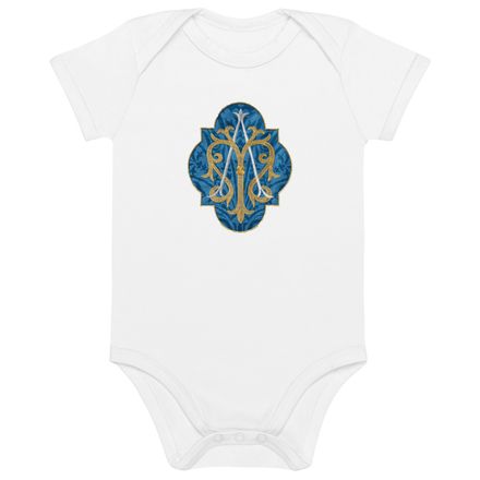 Organic Cotton Baby Bodysuit, Auspice Maria, Crest with rounded Cross, u3bkt0