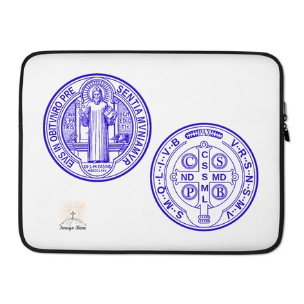 Laptop Sleeve, St. Benedict Medal, filt5a design, blue