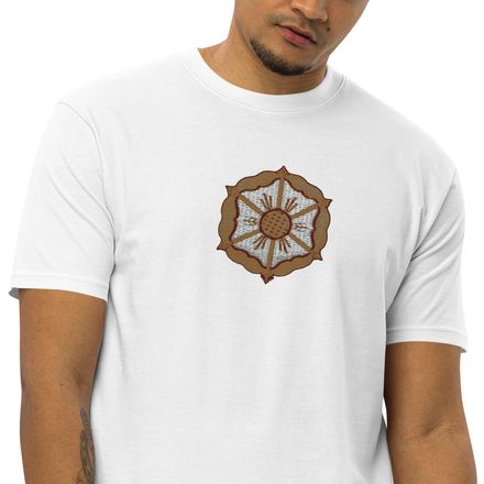 Embroidered Men&#x27;s Premium Heavyweight Tee, Monstrance with Golden Pattern, eneyoj