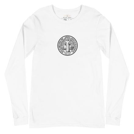Unisex Long Sleeve Tee, St. Benedict Medal, filt5a design, centre chest, large back