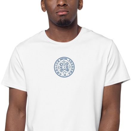 Embroidered Men&#x27;s Premium Cotton T-Shirt, St. Benedict Medal, 16k4ku design, blue
