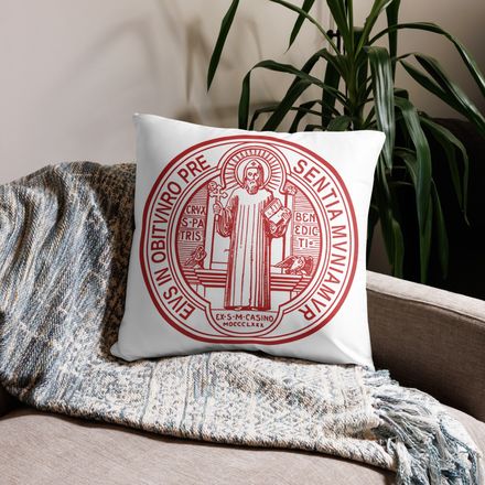 Pillow case 22x22, St. Benedict Medal, filt5a design, red