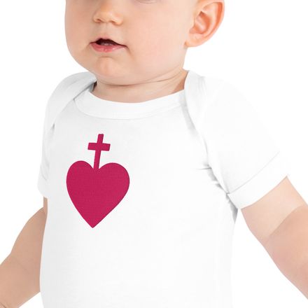 Embroidered Baby Short Sleeve One Piece, Sacred Heart of Jesus, 7ugqf9 design, pink