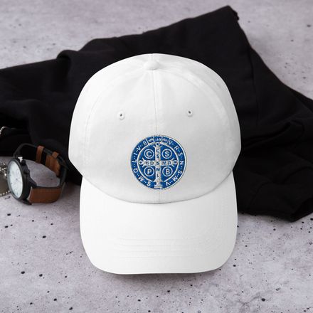 Classic Dad Hat, St. Benedict Medal, qiretu design, blue