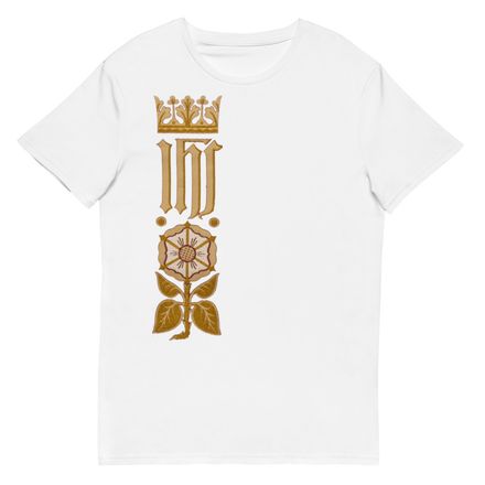 Men&#x27;s Premium Cotton T-Shirt, IHS Stripe With Crown and Monstrance, vw6yal, right chest