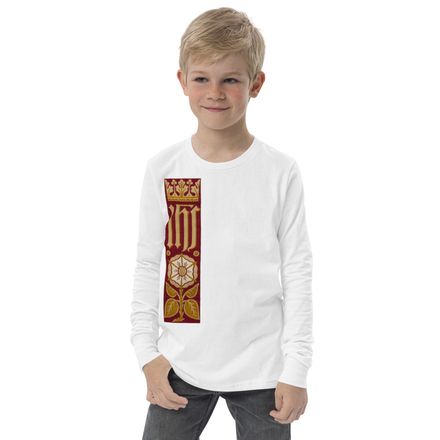 Youth Long Sleeve Tee, IHS Stripe With Crown and Monstrance, Red, yok2qk, right chest