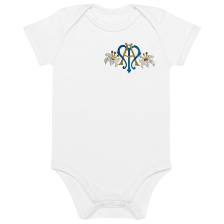 Organic Cotton Baby Bodysuit, Auspice Maria, Crest with side flowers, hlduri, left chest