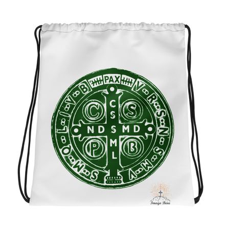 Drawstring Bag, St. Benedict Medal, 4ouume design, green