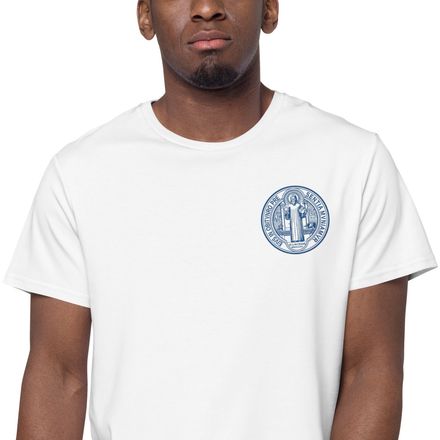 Embroidered Men&#x27;s Premium Cotton T-Shirt, St. Benedict Medal, debxwe design, blue, left chest