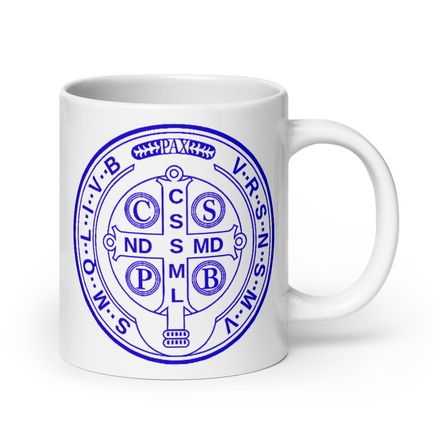  White Glossy Mug, 20oz,St. Benedict Medal, filt5a design, blue