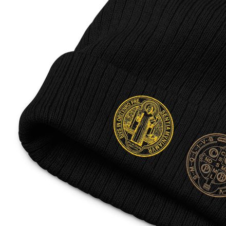 Ribbed Knit Beanie, St. Benedict Medal, filt5a design, gold