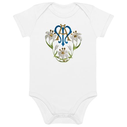 Organic Cotton Baby Bodysuit, Auspice Maria, Crest with flowers, qfko6t 
