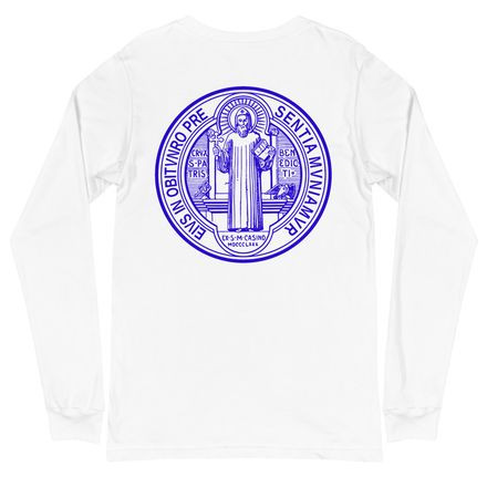 Unisex Long Sleeve Tee, St. Benedict Medal, filt5a design, blue, left chest, large back, reversed