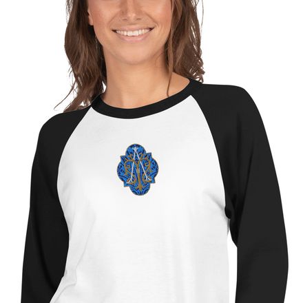 Embroidered Unisex 3/4 Sleeve Raglan Shirt, Auspice Maria, Crest with rounded Cross, u3bkt0