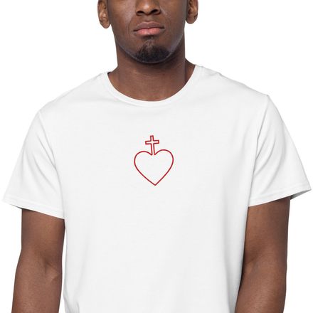 Embroidered Men&#x27;s Premium Cotton T-Shirt, Sacred Heart of Jesus, 7ugqf9 hollow design