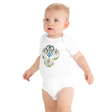 Baby Short Sleeve One Piece, Auspice Maria, Crest with flowers, qfko6t 
