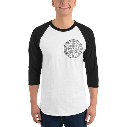 Unisex 3/4 Sleeve Raglan Shirt, St. Benedict Medal, 16k4ku design, left chest