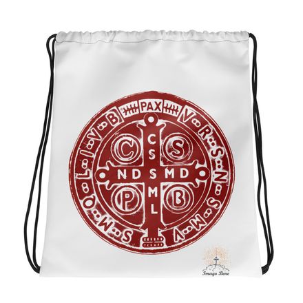 Drawstring Bag, St. Benedict Medal, 4ouume design, red