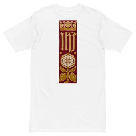 Men&#x27;s Premium Heavyweight Tee, IHS Stripe With Crown and Monstrance, Red, yok2qk
