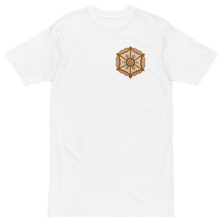 Men&#x27;s Premium Heavyweight Tee, Monstrance with Golden Pattern, eneyoj, left chest
