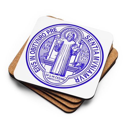 Cork-Back Coaster, St. Benedict Medal, debxwe design, blue