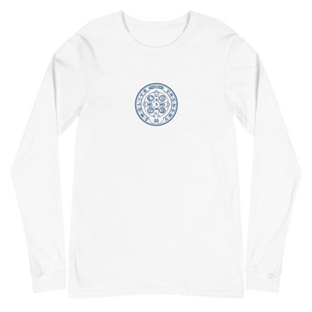 Embroidered Unisex Long Sleeve Tee, St. Benedict Medal, 16k4ku design, blue, left chest