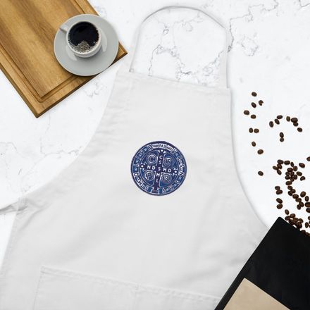 Embroidered Apron, St. Benedict Medal, 4ouume design, blue