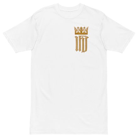 Men&#x27;s Premium Heavyweight Tee, IHS with Crown, Golden Pattern, nlxdo1, left chest