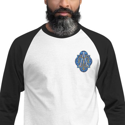 Embroidered Unisex 3/4 Sleeve Raglan Shirt, Auspice Maria, Crest with rounded Cross, u3bkt0, left