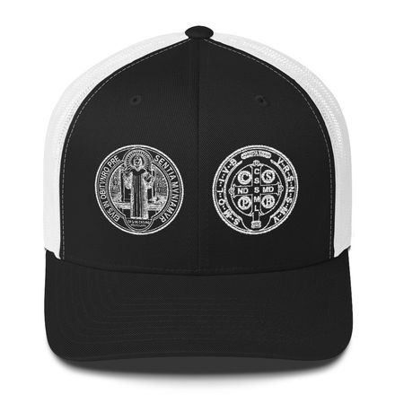 Retro Trucker Hat, St. Benedict Medal, filt5a design, white