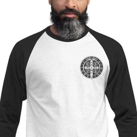 Embroidered Unisex 3/4 Sleeve Raglan Shirt, St. Benedict Medal, qiretu design, left chest
