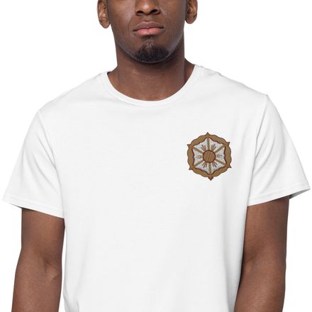 Embroidered Men&#x27;s Premium Cotton T-Shirt, Monstrance with Golden Pattern, eneyoj, left chest