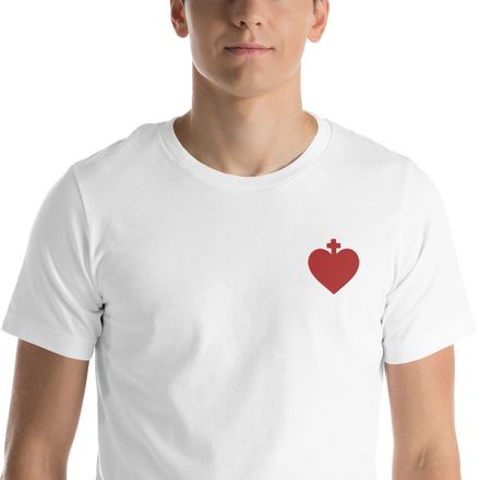 Embroidered Unisex Staple T-Shirt, Sacred Heart of Jesus, zhw6bo design, left chest